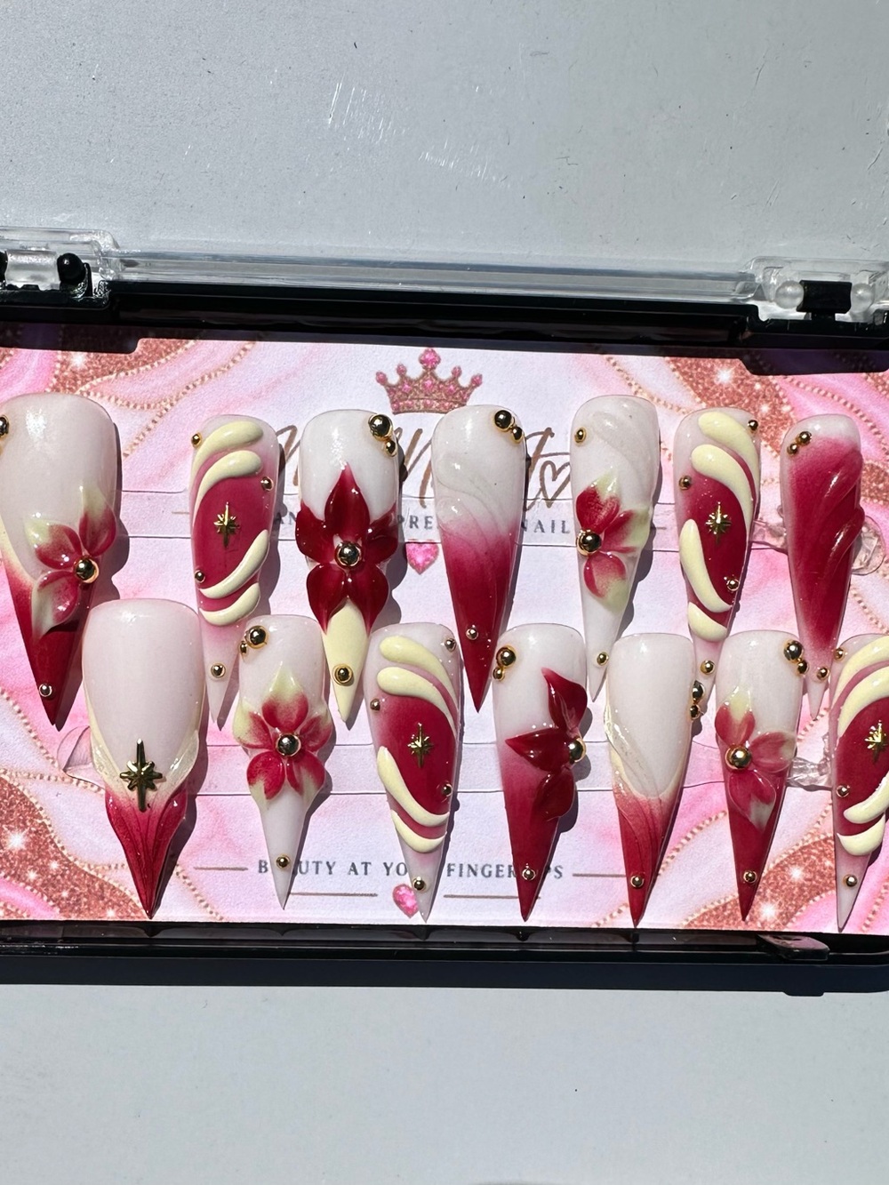 Stiletto Press-On Nails Set — burgundy & Cream Floral Design